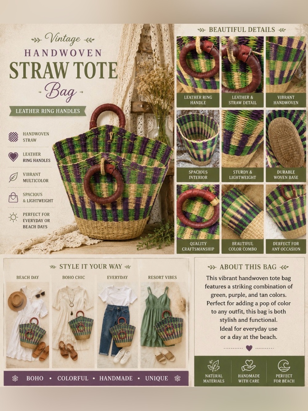 Vintage- Handwoven Multicolor Straw Tote Bag- leather ring handles